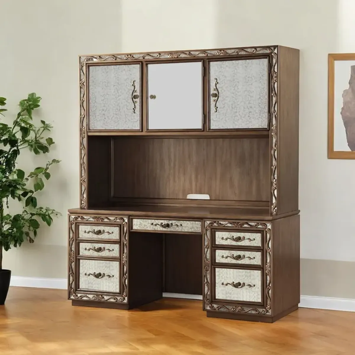 Mirrored Computer Desk With Hutch With Three Cabinets Seven Drawers - Gold