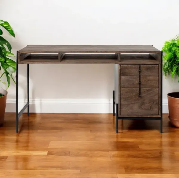 Wooden Writing Desk With 3 Drawers And 3 Open Shelves - Medium Brown