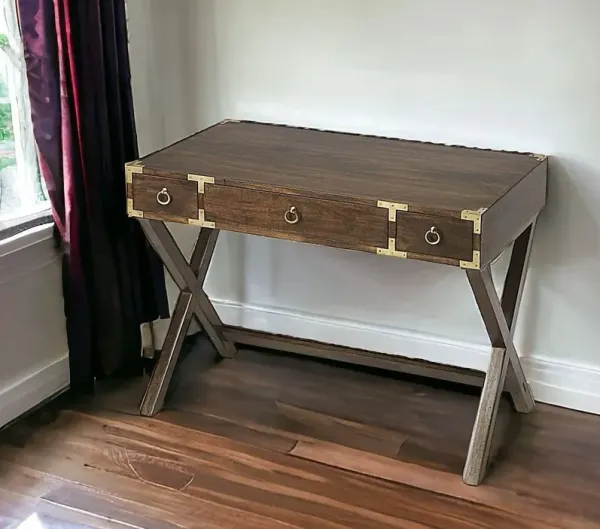 Solid Wood Writing Desk With Three Drawers - Dark Brown