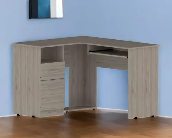 L Shape Computer Desk With Two Drawers - Light Gray