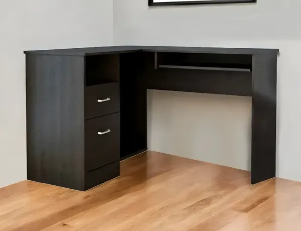 L Shape Computer Desk With Two Drawers - Black