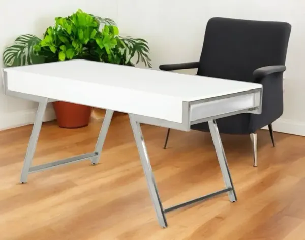Writing Desk With Three Drawers - White And Silver