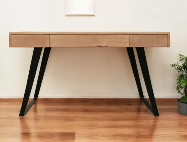 54" Solid Wood Writing Desk With Three Drawers - Natural And Black