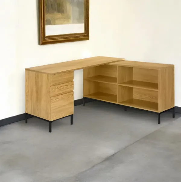 60" L Shape Computer Desk With Three Drawers - Light Brown And Black