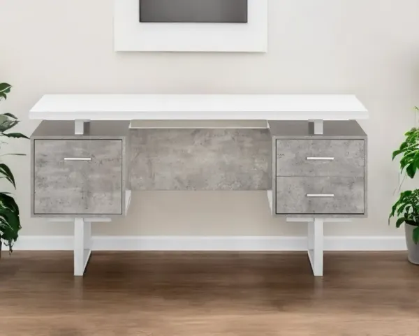 60" Computer Desk With Three Drawers - White And Gray