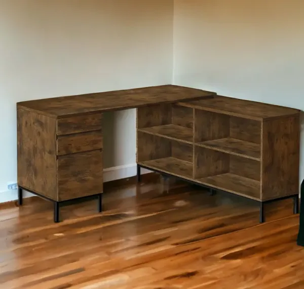 60" L Shape Computer Desk With Three Drawers - Brown And Black