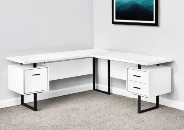 71" L Shape Computer Desk With Three Drawers - White And Black
