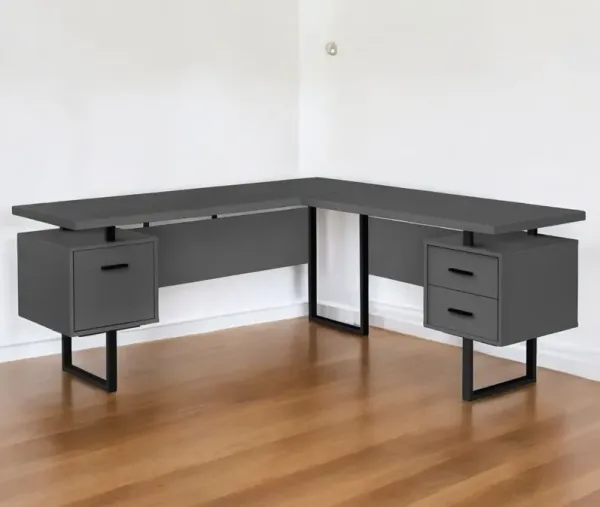 L Shape Computer Desk With Three Drawers - Dark Gray And Black