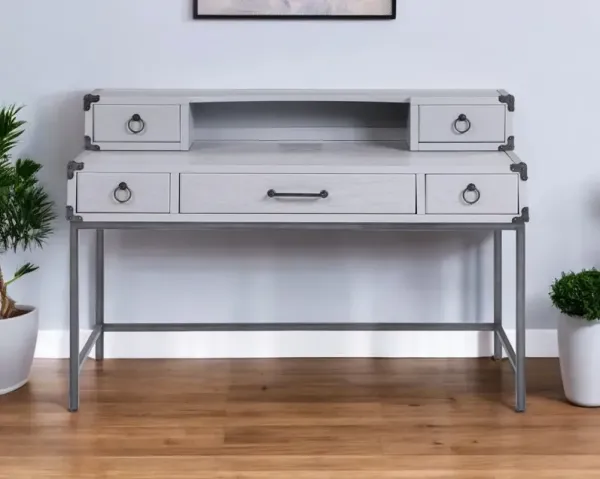 Wood Writing Desk With Five Drawers - Gray