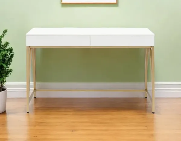50" Writing Desk With Two Drawers - White And Gold