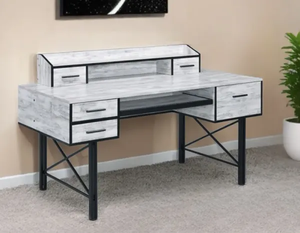 Computer Desk With Five Drawers - Antiqued White And Black