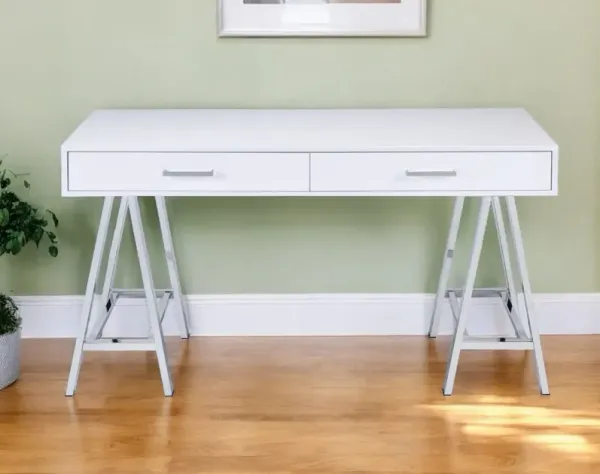 54" Writing Desk With Two Drawers - White And Silver
