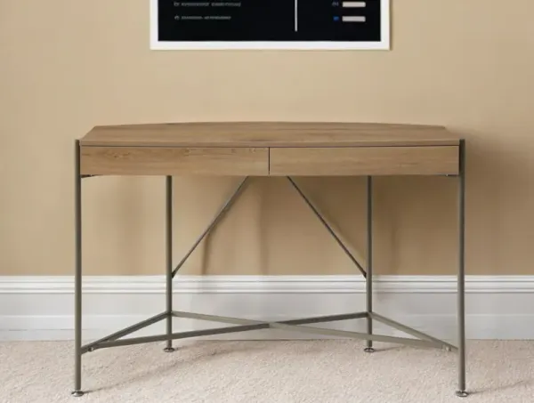 Half Circle Writing Desk With Two Drawers - Natural And Bronze