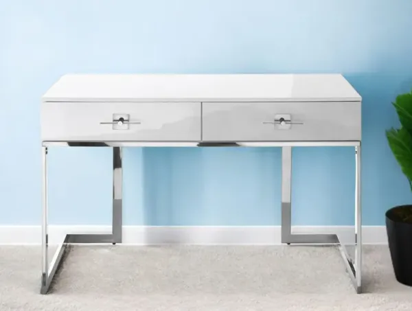 47" Writing Desk With Two Drawers - White And Silver