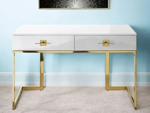 47" Writing Desk With Two Drawers - White And Gold