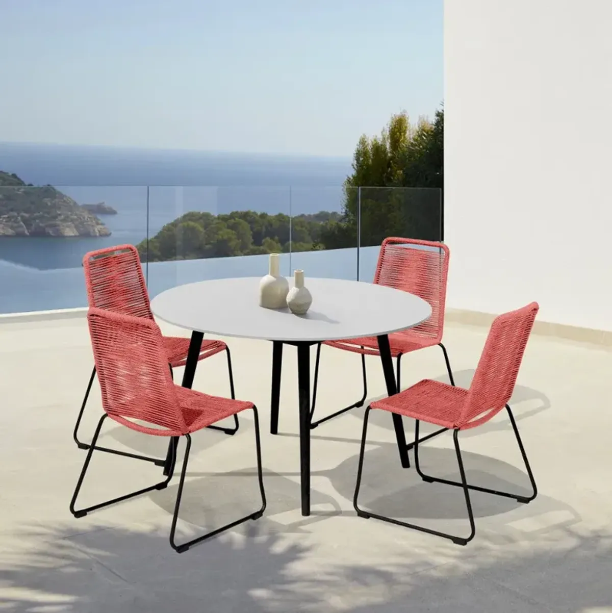 5 Piece Round Stone Dining Set With Four Chairs - Gray And Red