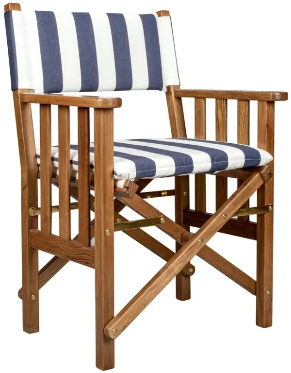 20" Wood Solid Wood Indoor Outdoor Director Chair With Blue And White Cushion - Blue And White And Natural