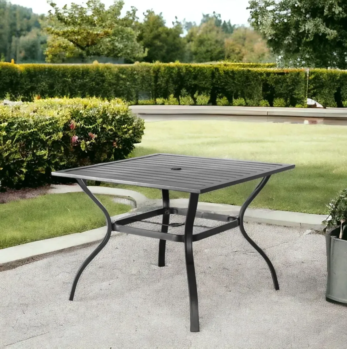 37" Square Metal Outdoor Dining Table With Umbrella Hole - Black