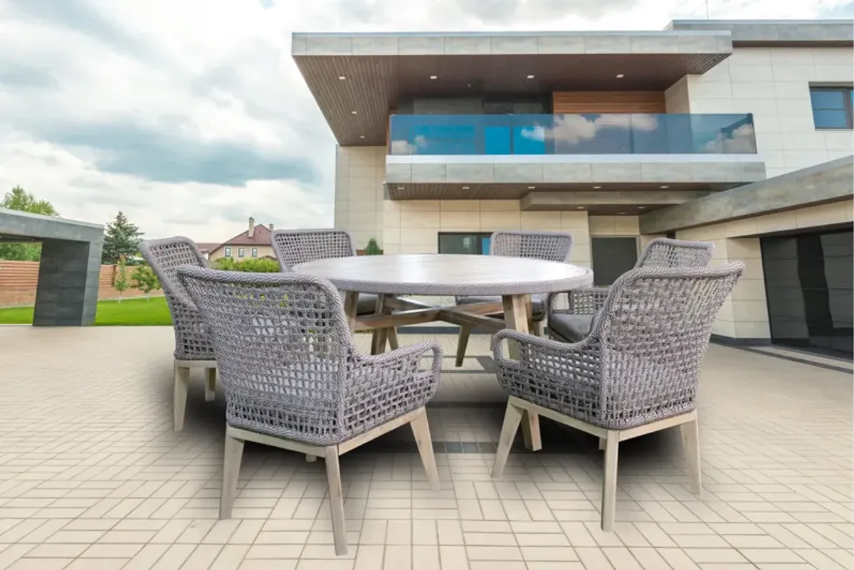 7-Piece Gray Wicker Outdoor Dining Set with Round Wooden Table