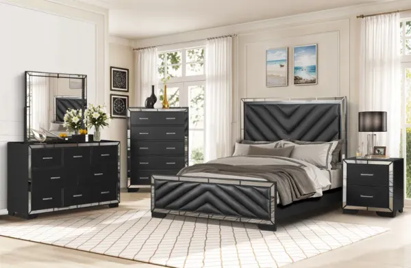 Modern Black 6-Piece Bedroom Set with Upholstered Headboard and Mirror Accents