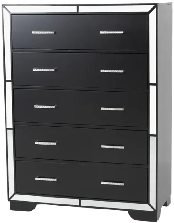Black 5-Drawer Chest with Mirrored Accents and Chrome Handles