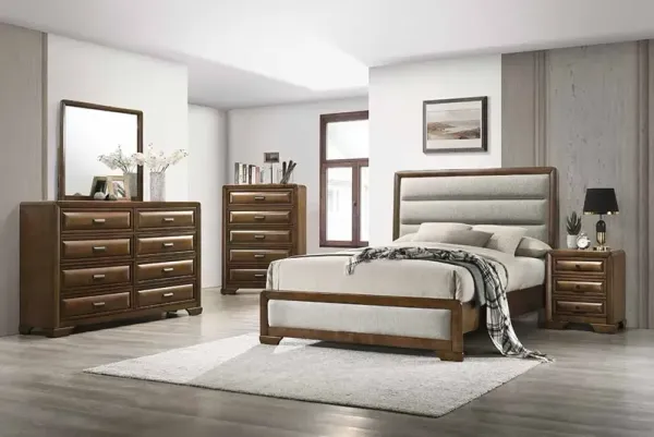 Modern Walnut & Beige Upholstered Bedroom Set with Dresser, Mirror & Nightstand