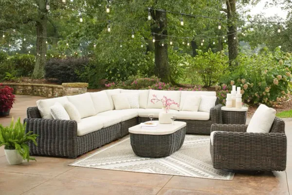Kimora - Beige / Dark Brown - 7 Pc. - 4-Piece Outdoor Sectional, Swivel Glider Lounge, Cocktail Table, End Table