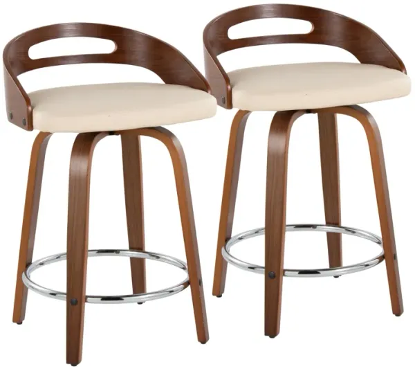 Cassis - Mid-Century Modern Fixed Height Counter Stool With Swivel (Set of 2) - Beige / Walnut