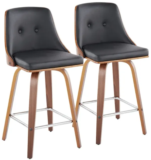 Gianna - Mid-Century Modern Fixed Height Counter Stool With Swivel And Round Footrest (Set of 2) - Black / Walnut