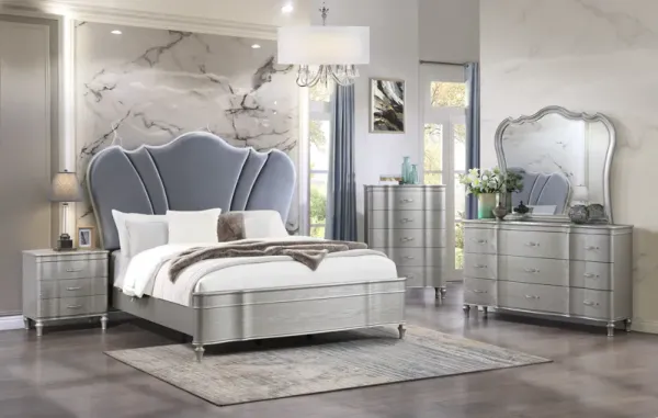 6 Piece Champagne Velvet Scalloped Bedroom Set