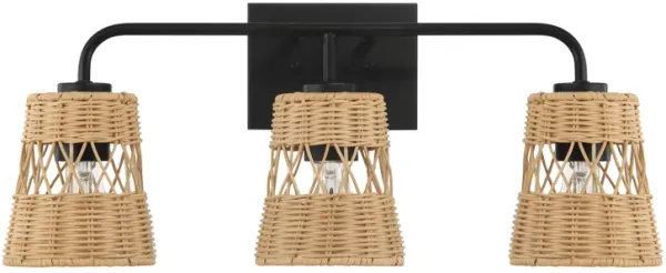Moonlit - 3 Lights Wall Sconce With Shade, Bathroom Lighting Fixtures Over Mirror - Black / Rattan