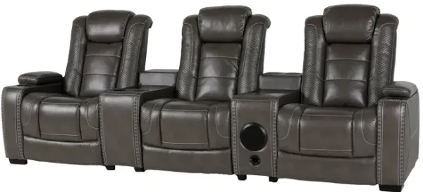 Gray Faux Leather 4-Seat Power Reclining Theater Seating with Consoles
