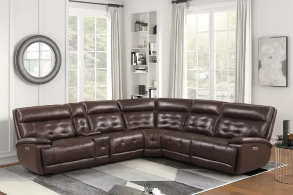 Brown 3 Piece Power Reclining Sectional with Top Grain Leather Seating