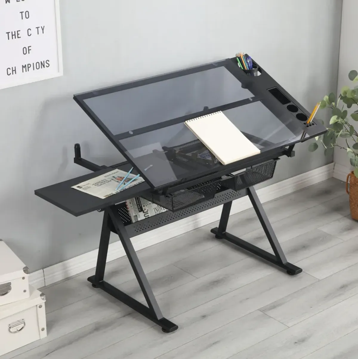 Adjustable Tempered Glass Drafting Printing Table With Chair