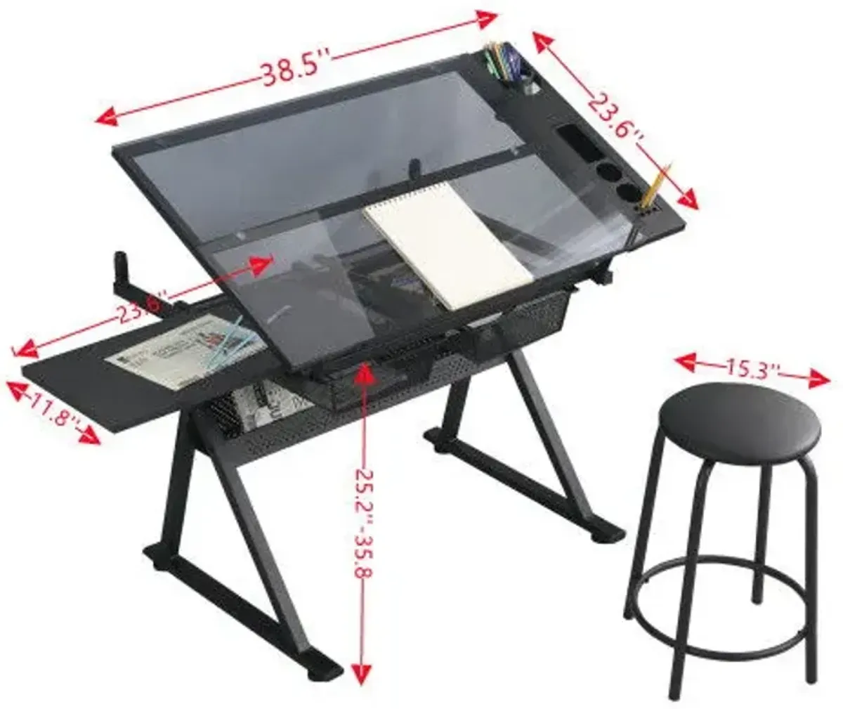 Adjustable Tempered Glass Drafting Printing Table With Chair