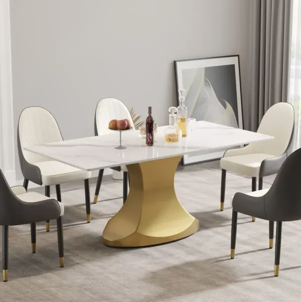 70.84" Modern Artificial Stone Panel Golden Stainless Steel Curved Legs, Can Accommodate 6-8 People - White / Gold