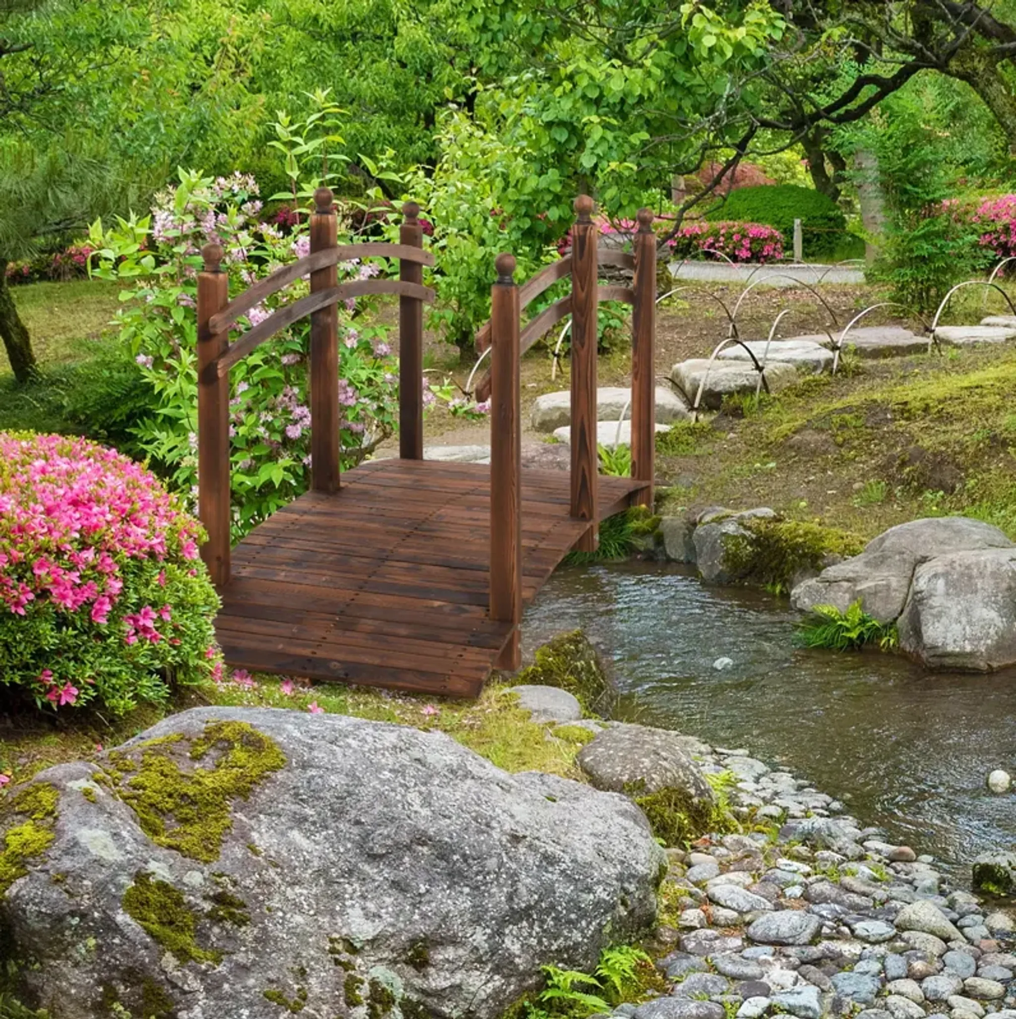 Outsunny Fir Wood Garden Bridge Arc Walkway With Side Railings Perfect ...