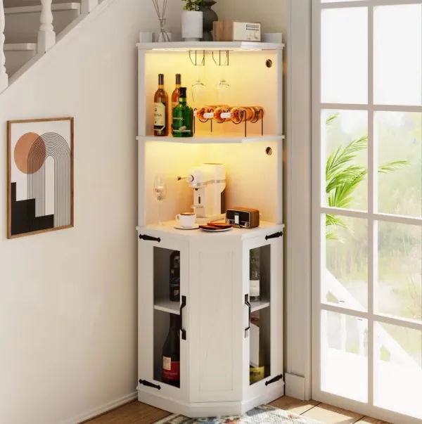 Corner Bar Cabinet With Power Outlet, Farmhouse Wine Bar Cabinet With Adjustable Shelves For Home, With Lights & Glass Rack For Dining Room, Living Room, Kitchen - White