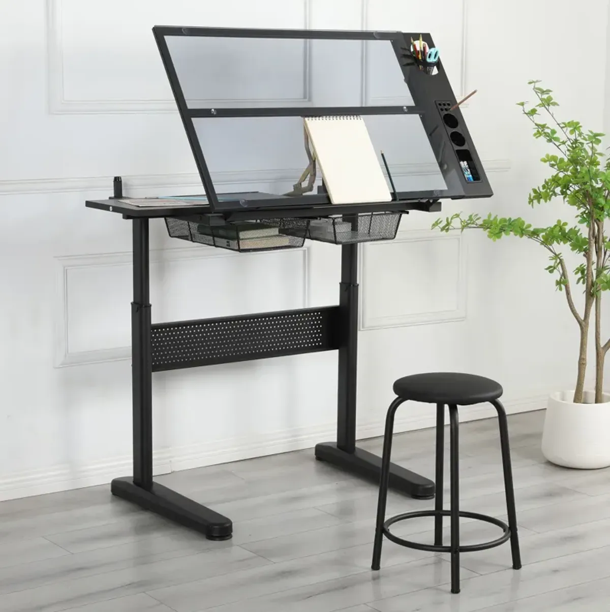 38.18" Hand Crank Adjustable Drafting Table Drawing Desk With 2 Metal Drawers With Stool