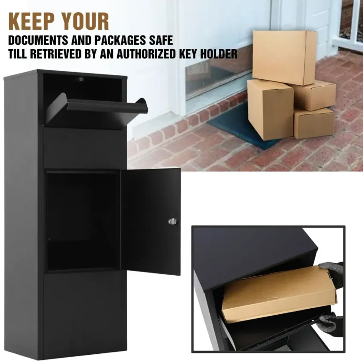 Large Package Delivery Parcel Mail Drop Box With Lockable Storage Compartment Heavy Duty Weatherproof For Express Mail Delivery For Home & Business Use - Black