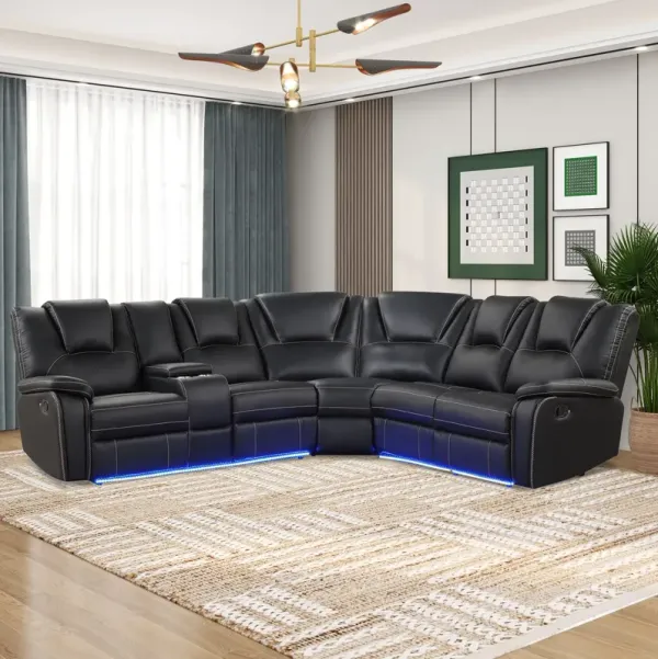 Modern Faux Leather Manual Reclining With Center Console With LED Light Strip, Living Room Furniture Set, PU Symmetrical Couch With 2 Cup Holders And Storage For Living Room