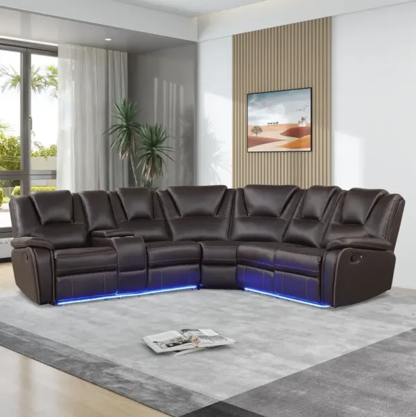 Modern Faux Leather Manual Reclining With Center Console And LED Light Strip, Living Room Furniture Set, PU Symmetrical Couch With 2 Cup Holders And Storage For Living Room
