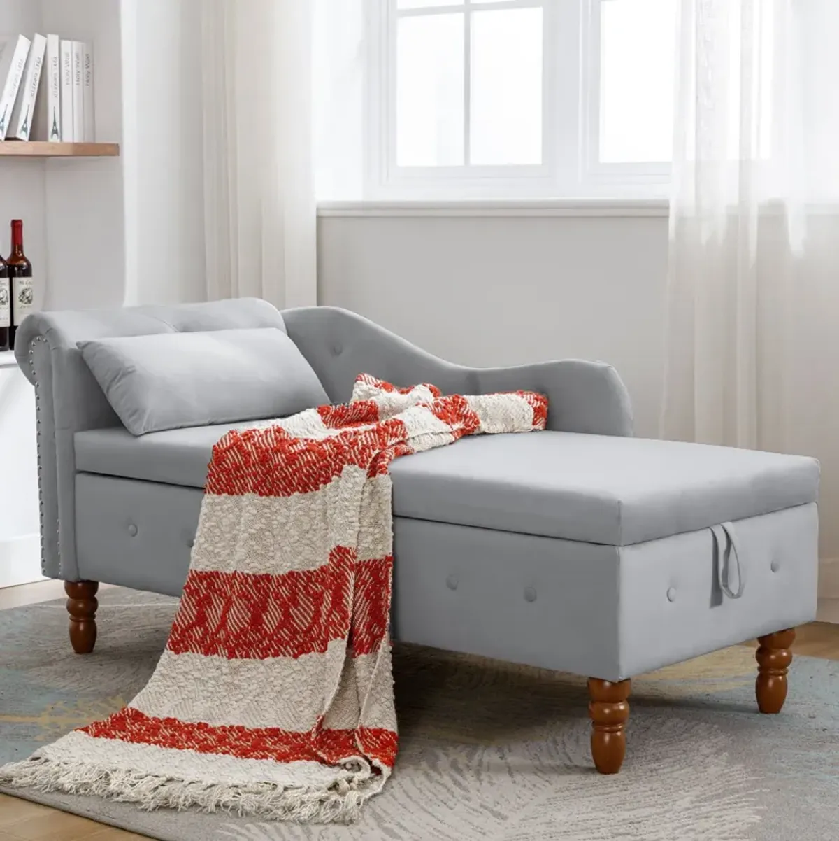 Chaise Lounge Indoor, Velvet Lounge Chair For Bedroom With Storage & Pillow, Modern Upholstered Rolled Arm Chase Lounge For Sleeping With Nailhead Trim For Living Room Bedroom Office