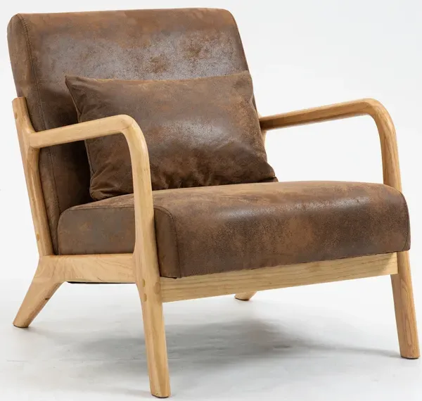 Mid Century Modern Accent Chair With Wood Frame, Upholstered Chairs With Waist Cushion, Reading Armchair For Bedroom Sunroom