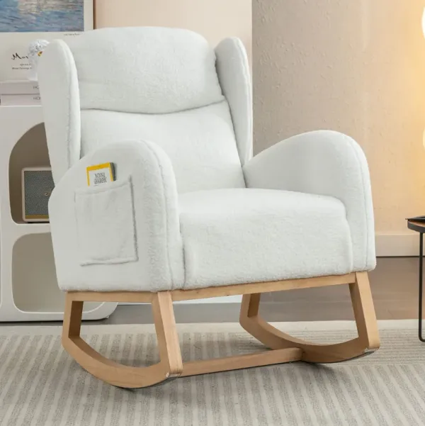Teddy Fabric Rocking Chair With Packet Wood Legs - Ivory