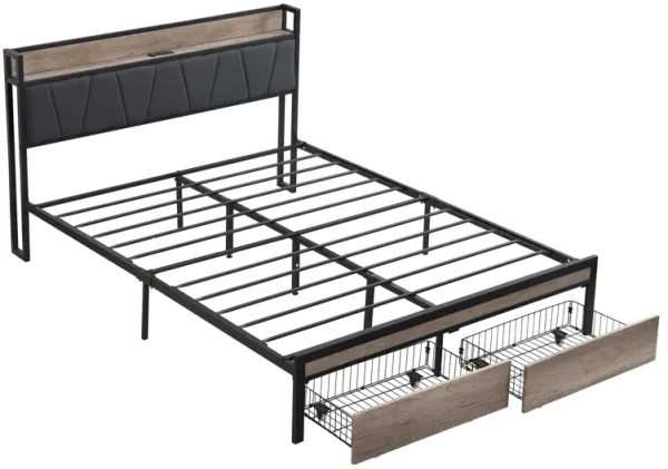 Metal Platform Bed Frame With Upholsteryolstery Storage Function Headboard And USB Liner And Footboard With Drawers, No Box Spring Needed, Large Under Bed Storage