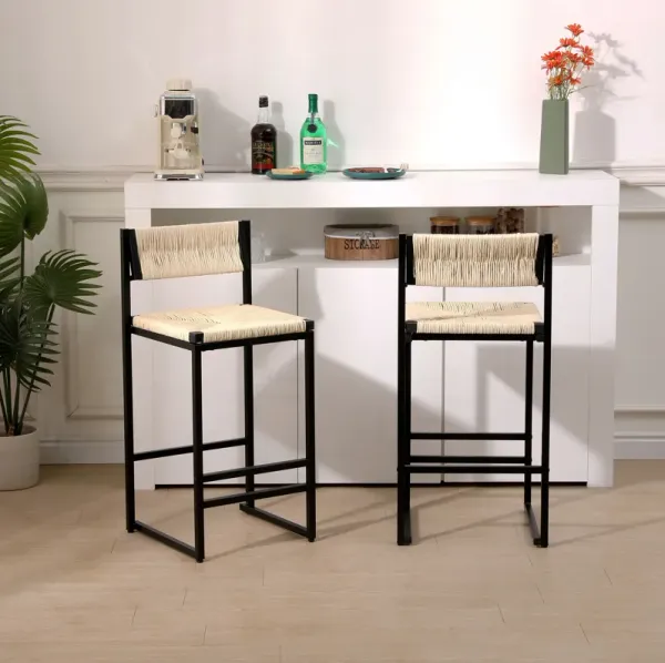 Bar Stools Paper Rope Weave Dining Chairs With Back Hand Weave Stools For Kichen Island, Bar & Counter (Set of 2)