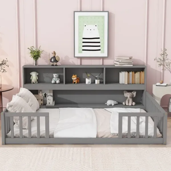 Floor Bed With Side Bookcase, Shelves, Guardrails