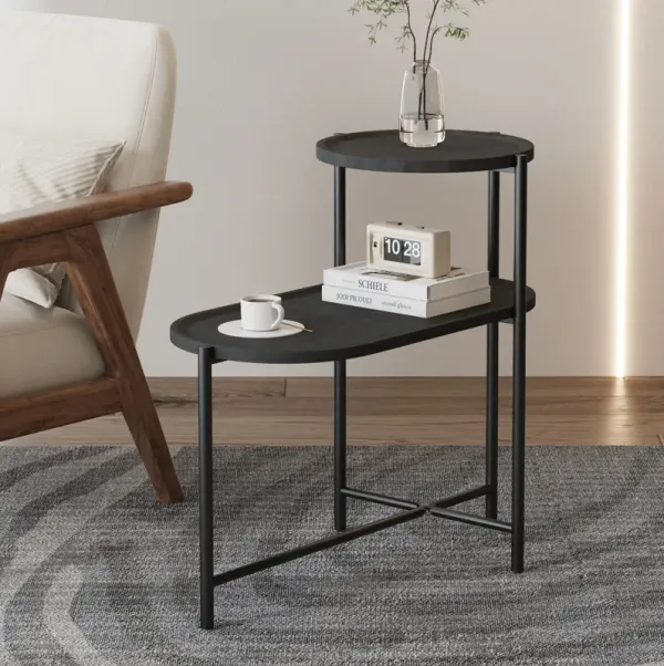 Round Coffee Table With Storage Tray 2 Tier Oval End Tables Wooden Small Side Table For Living Room