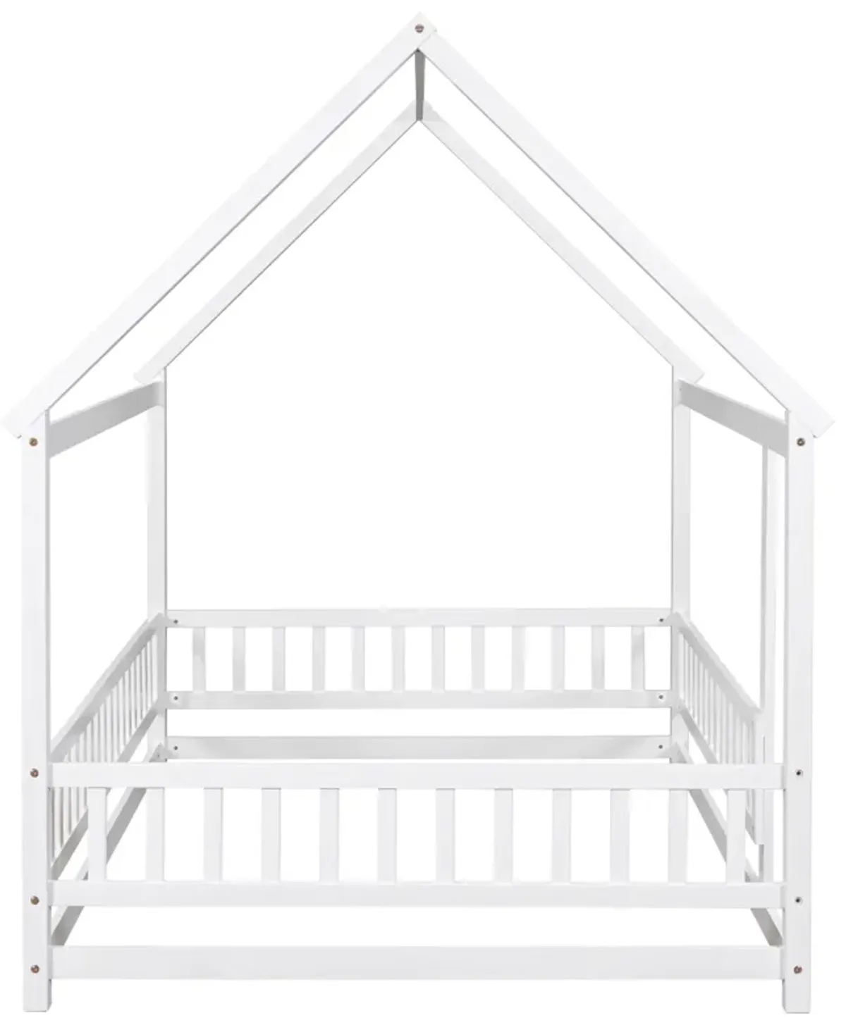 Floor Wooden Bed With House Roof Frame, Fence Guardrails